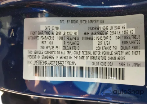 2010 Mazda Cx-9 Touring из США, поврежденный, VIN JM3TB3MA7A0233992